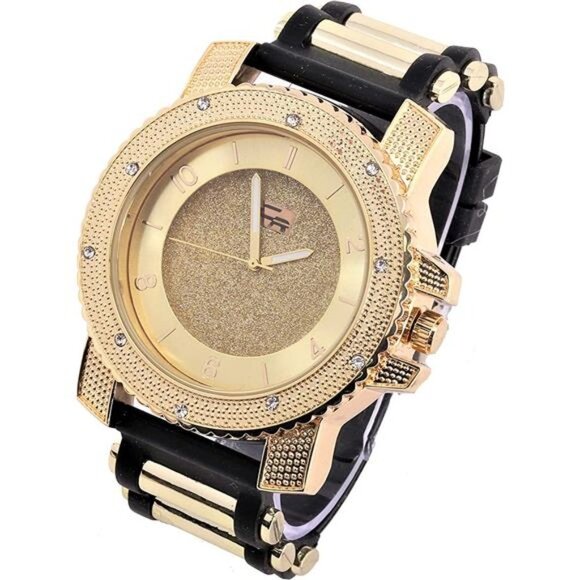 Gold Fully Iced Out Watch & Jewelry Set w/Cuban Chain Bracelet, Earrings & Ring - Picture 3 of 6